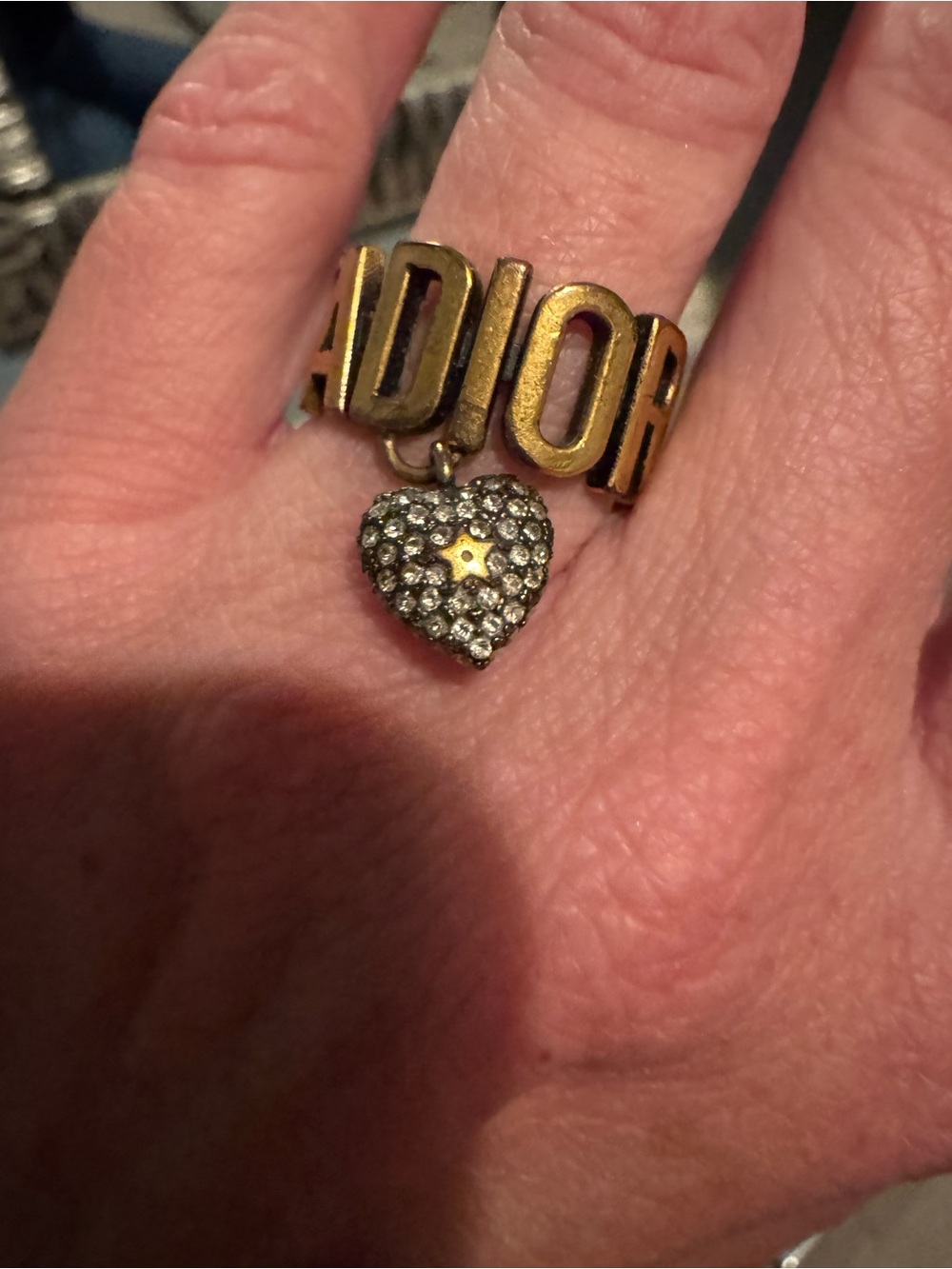 Dior Jadior Letters Brushed Gold Ring with Pave Heart Charm